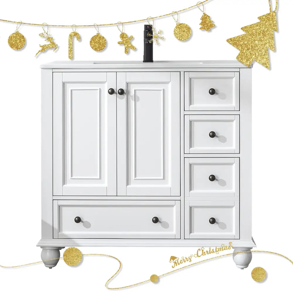 Retro 36’’ Freestanding Single Vanity Cabinets with Gourd-shaped Feet White 浴室柜