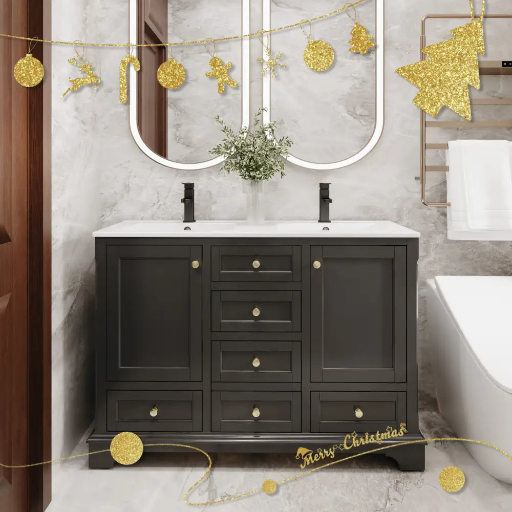 Retro 48’’ Freestanding Double Vanity Cabinets with Arch Feet Black 浴室柜