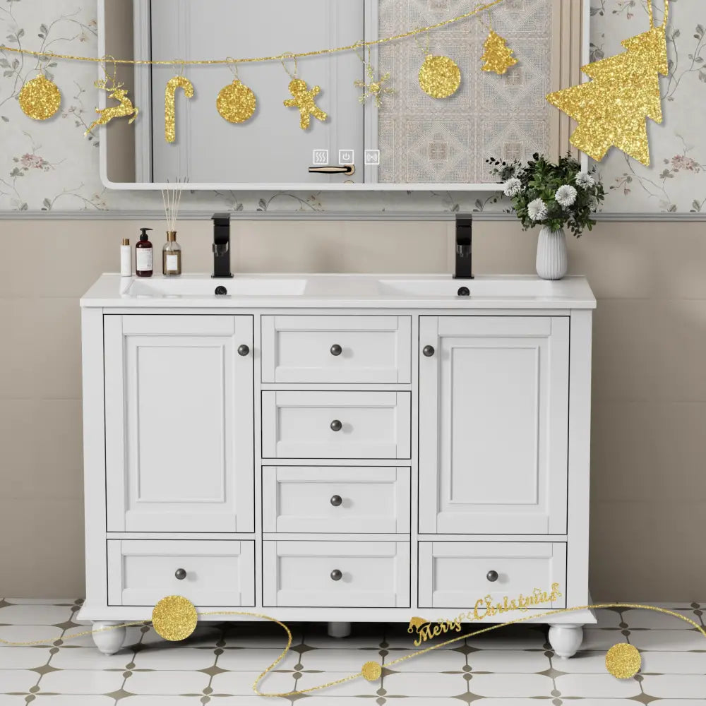 Retro 48’’ Freestanding Double Vanity Cabinets with Vintage Feet White 浴室柜