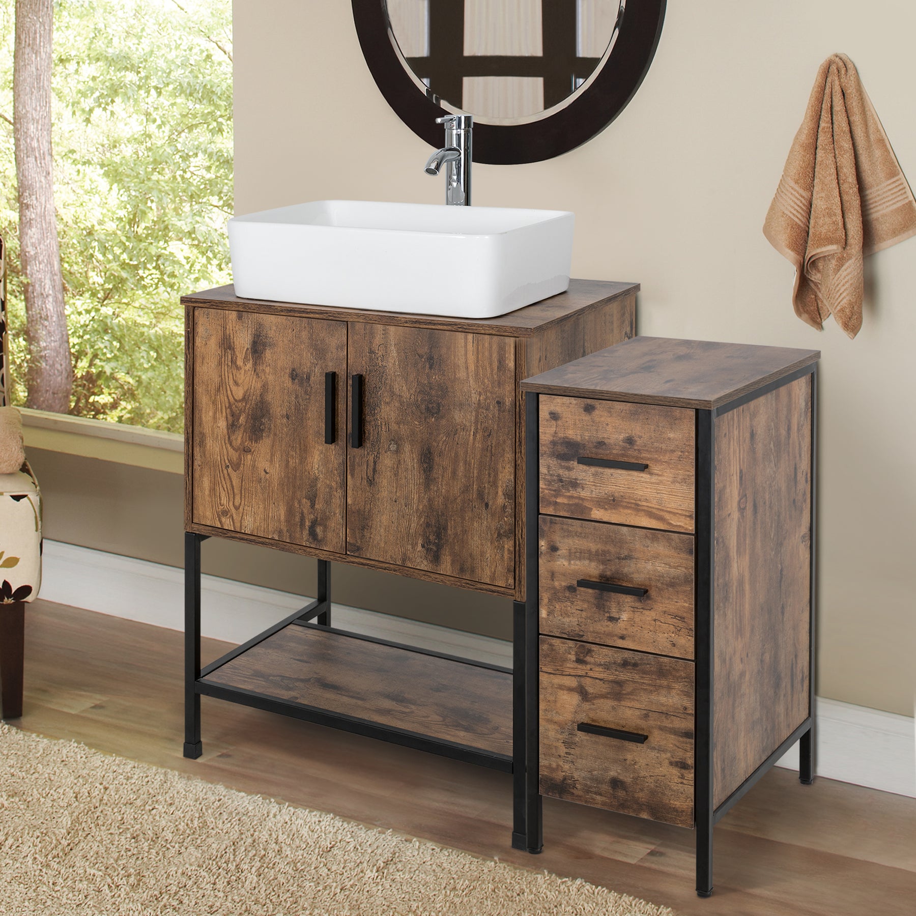 36" BATHROOM VANITY CABINET SINK COMBO W/FREE STANDING 3 DRAWERS SIDE CABINET
