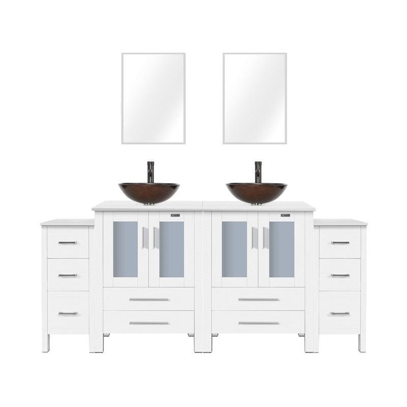 72” Bathroom Vanity Sink Combo W/White Small Side Cabinet Round Tempered Glass Vessel Sink & 1.5 GPM Water Save Faucet & Solid Brass Pop Up Drain, with Mirror