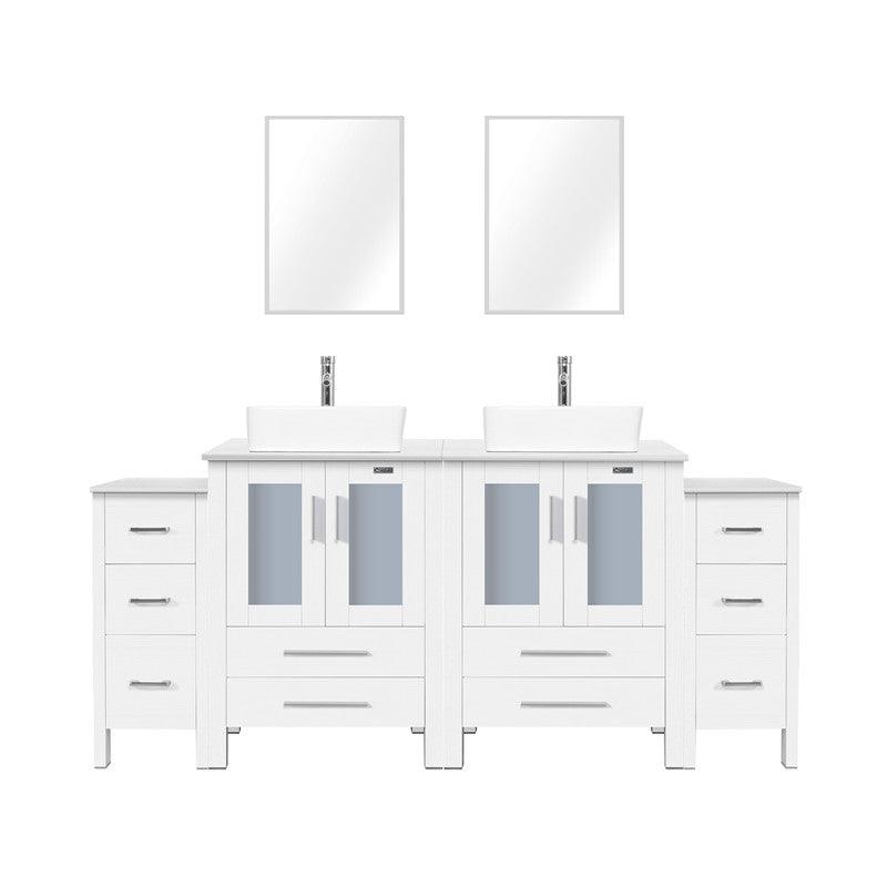 72” Bathroom Vanity Sink Combo W/White Small Side Cabinet Round Tempered Glass Vessel Sink & 1.5 GPM Water Save Faucet & Solid Brass Pop Up Drain, with Mirror