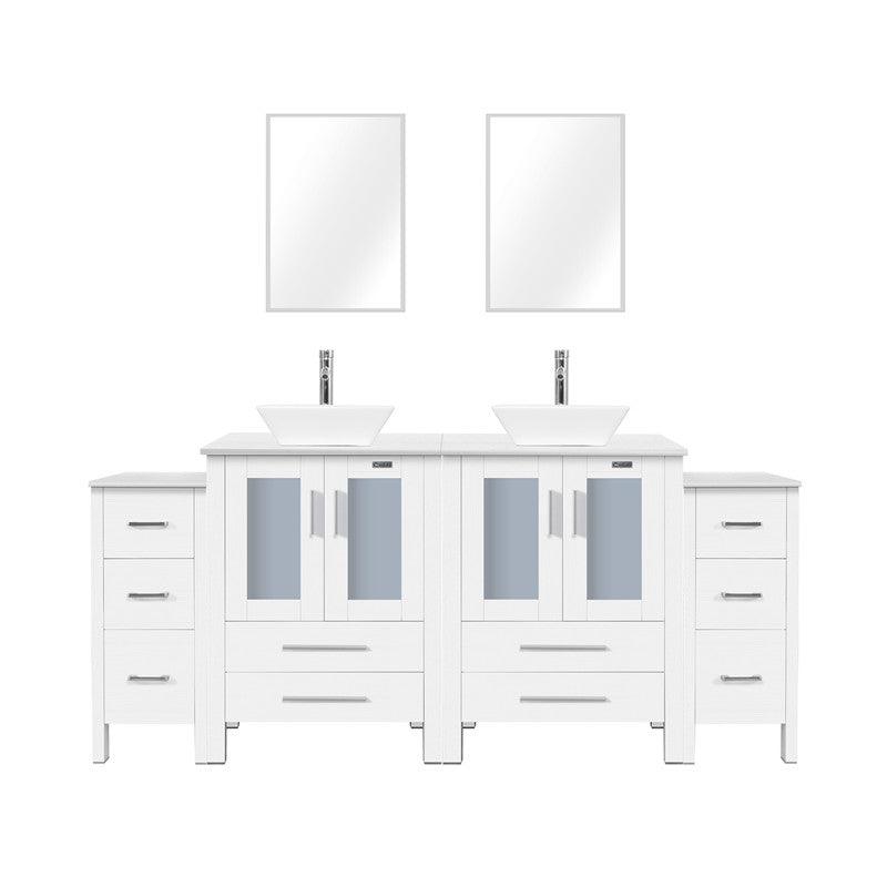 72” Bathroom Vanity Sink Combo W/White Small Side Cabinet Round Tempered Glass Vessel Sink & 1.5 GPM Water Save Faucet & Solid Brass Pop Up Drain, with Mirror