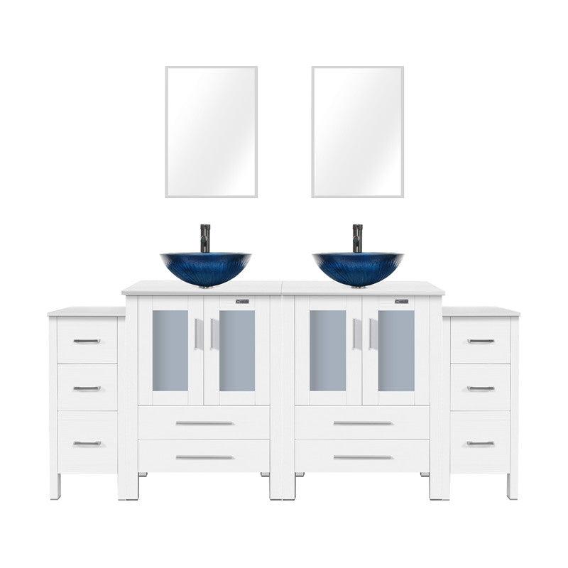 72” Bathroom Vanity Sink Combo W/White Small Side Cabinet Round Tempered Glass Vessel Sink & 1.5 GPM Water Save Faucet & Solid Brass Pop Up Drain, with Mirror