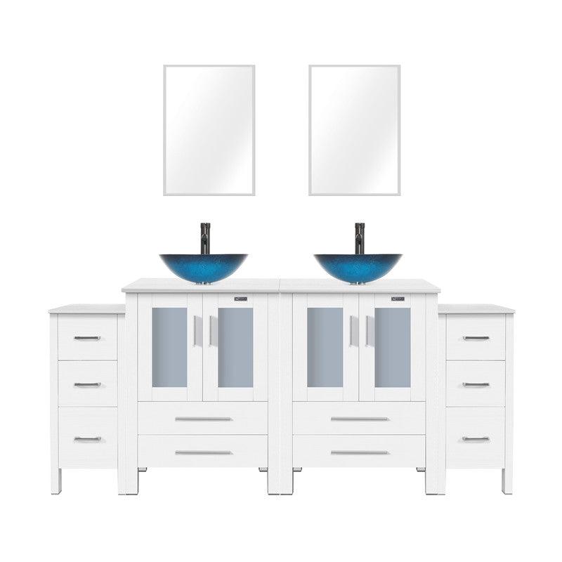 72” Bathroom Vanity Sink Combo W/White Small Side Cabinet Round Tempered Glass Vessel Sink & 1.5 GPM Water Save Faucet & Solid Brass Pop Up Drain, with Mirror