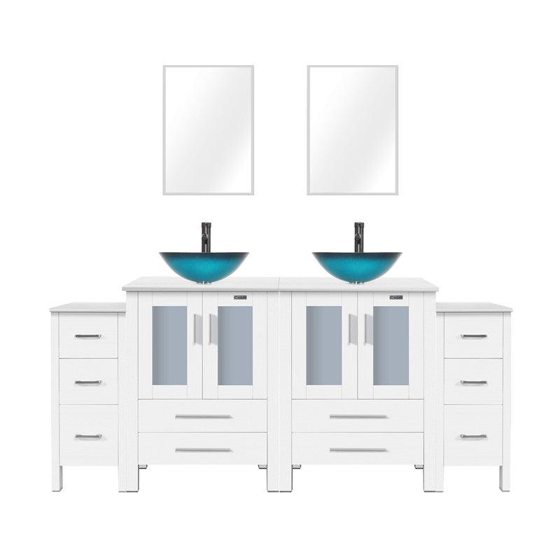 72” Bathroom Vanity Sink Combo W/White Small Side Cabinet Round Tempered Glass Vessel Sink & 1.5 GPM Water Save Faucet & Solid Brass Pop Up Drain, with Mirror