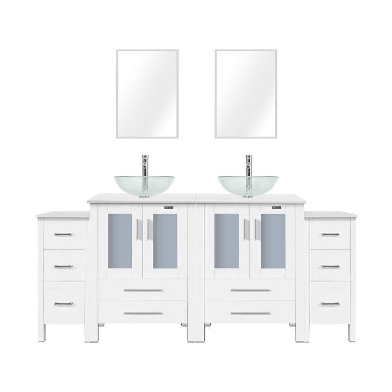 72” Bathroom Vanity Sink Combo W/White Small Side Cabinet Round Tempered Glass Vessel Sink & 1.5 GPM Water Save Faucet & Solid Brass Pop Up Drain, with Mirror