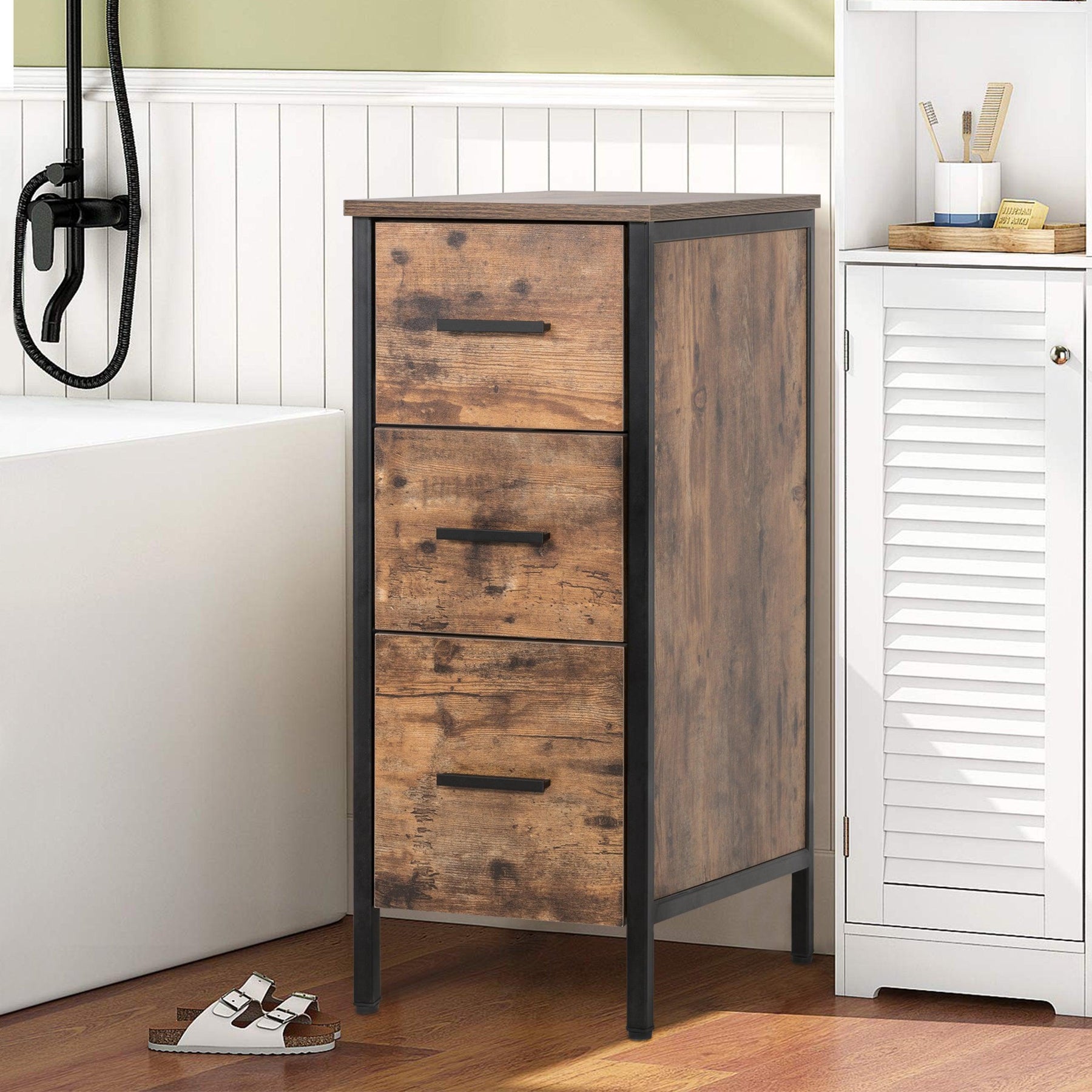 12" Bathroom Cabinet 3 Drawer Organizer Free Standing Single Vanity, Small Nightstand, White Vanity MDF(Ivory)