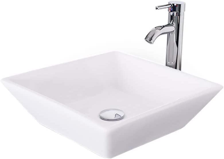 14" Bathroom Vanity and Sink Combo White Small Vanity Square Ceramic Vessel Sink & 1.5 GPM Water Save Faucet & Solid Brass Pop Up Drain