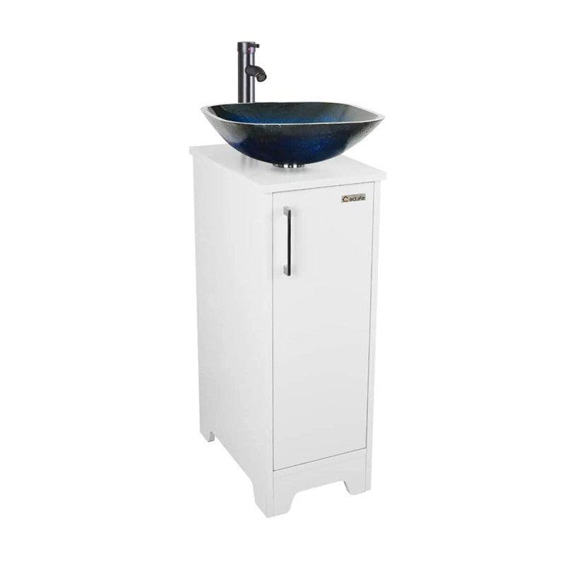 14" Bathroom Vanity and Sink Combo White Small Vanity Square Ceramic Vessel Sink & 1.5 GPM Water Save Faucet & Solid Brass Pop Up Drain