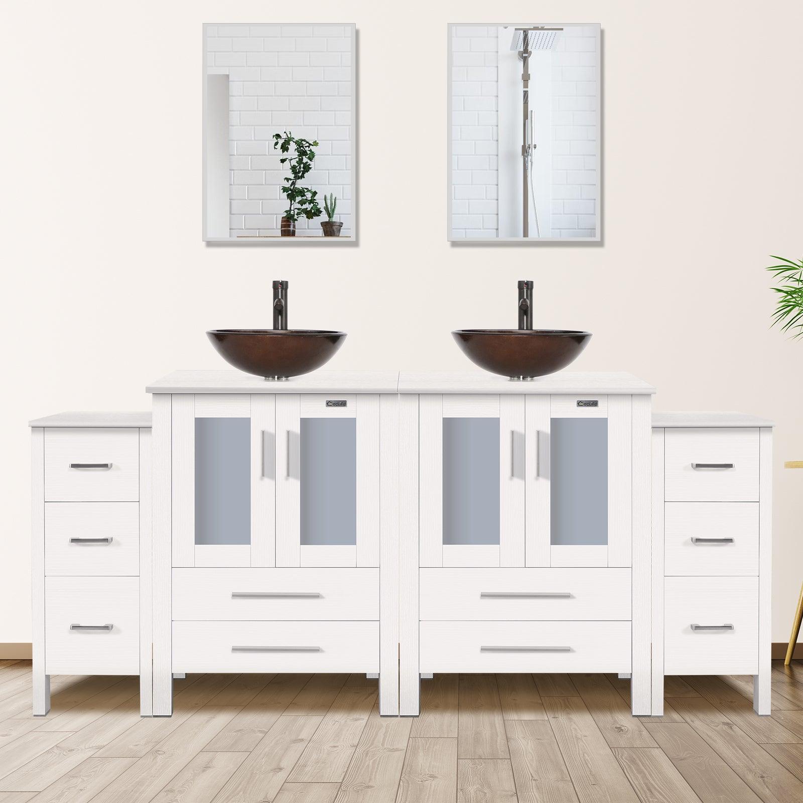 72” Bathroom Vanity Sink Combo W/White Small Side Cabinet Round Tempered Glass Vessel Sink & 1.5 GPM Water Save Faucet & Solid Brass Pop Up Drain, with Mirror