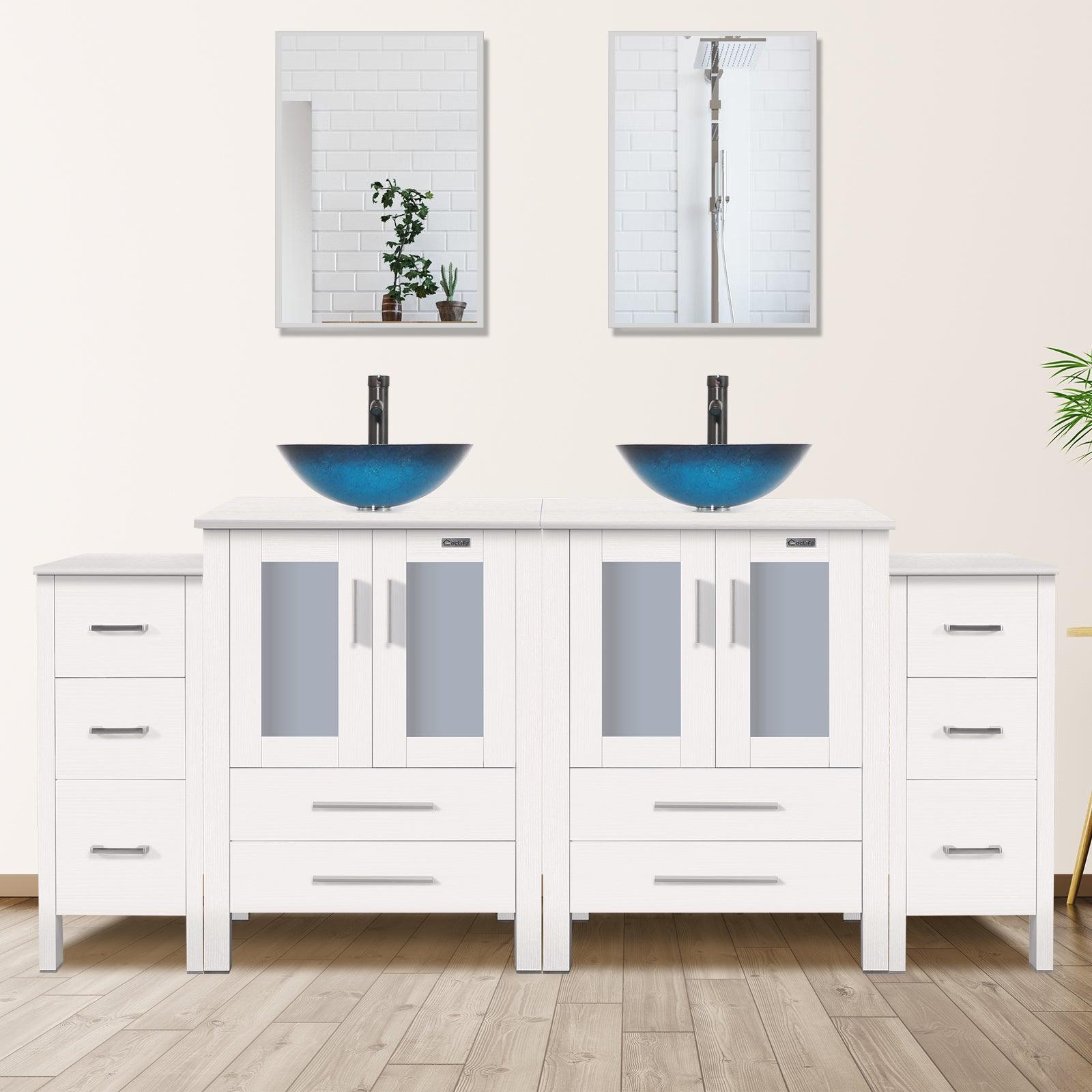 72” Bathroom Vanity Sink Combo W/White Small Side Cabinet Round Tempered Glass Vessel Sink & 1.5 GPM Water Save Faucet & Solid Brass Pop Up Drain, with Mirror