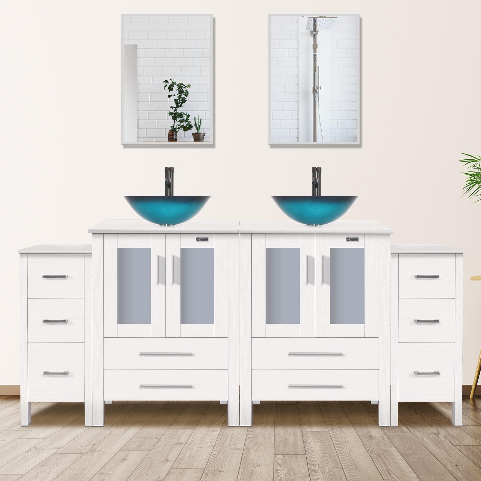 72” Bathroom Vanity Sink Combo W/White Small Side Cabinet Round Tempered Glass Vessel Sink & 1.5 GPM Water Save Faucet & Solid Brass Pop Up Drain, with Mirror