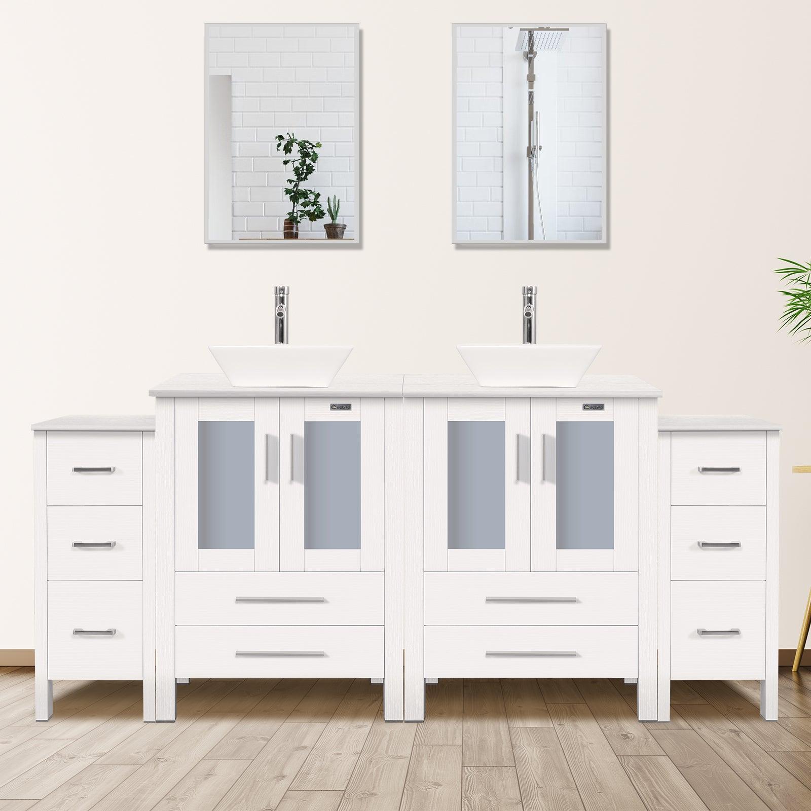 72” Bathroom Vanity Sink Combo W/White Small Side Cabinet Round Tempered Glass Vessel Sink & 1.5 GPM Water Save Faucet & Solid Brass Pop Up Drain, with Mirror