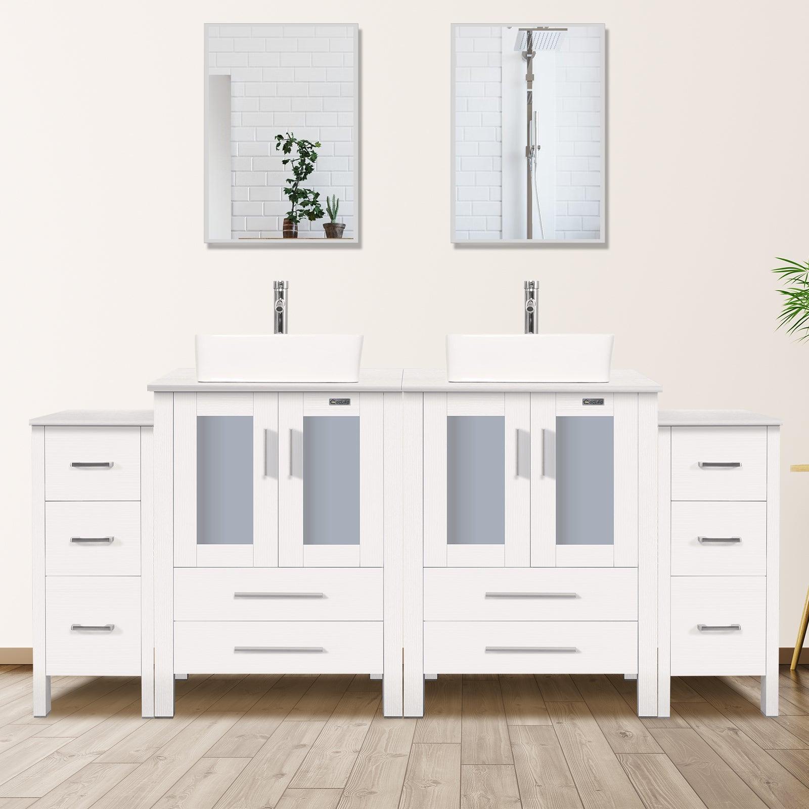 72” Bathroom Vanity Sink Combo W/White Small Side Cabinet Round Tempered Glass Vessel Sink & 1.5 GPM Water Save Faucet & Solid Brass Pop Up Drain, with Mirror