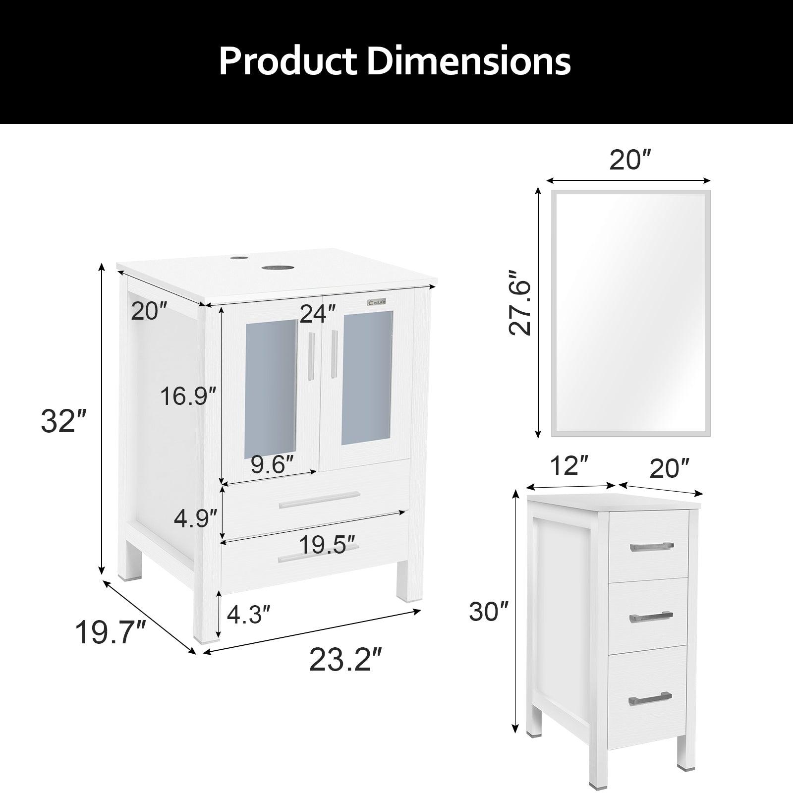72” Bathroom Vanity Sink Combo W/White Small Side Cabinet Round Tempered Glass Vessel Sink & 1.5 GPM Water Save Faucet & Solid Brass Pop Up Drain, with Mirror