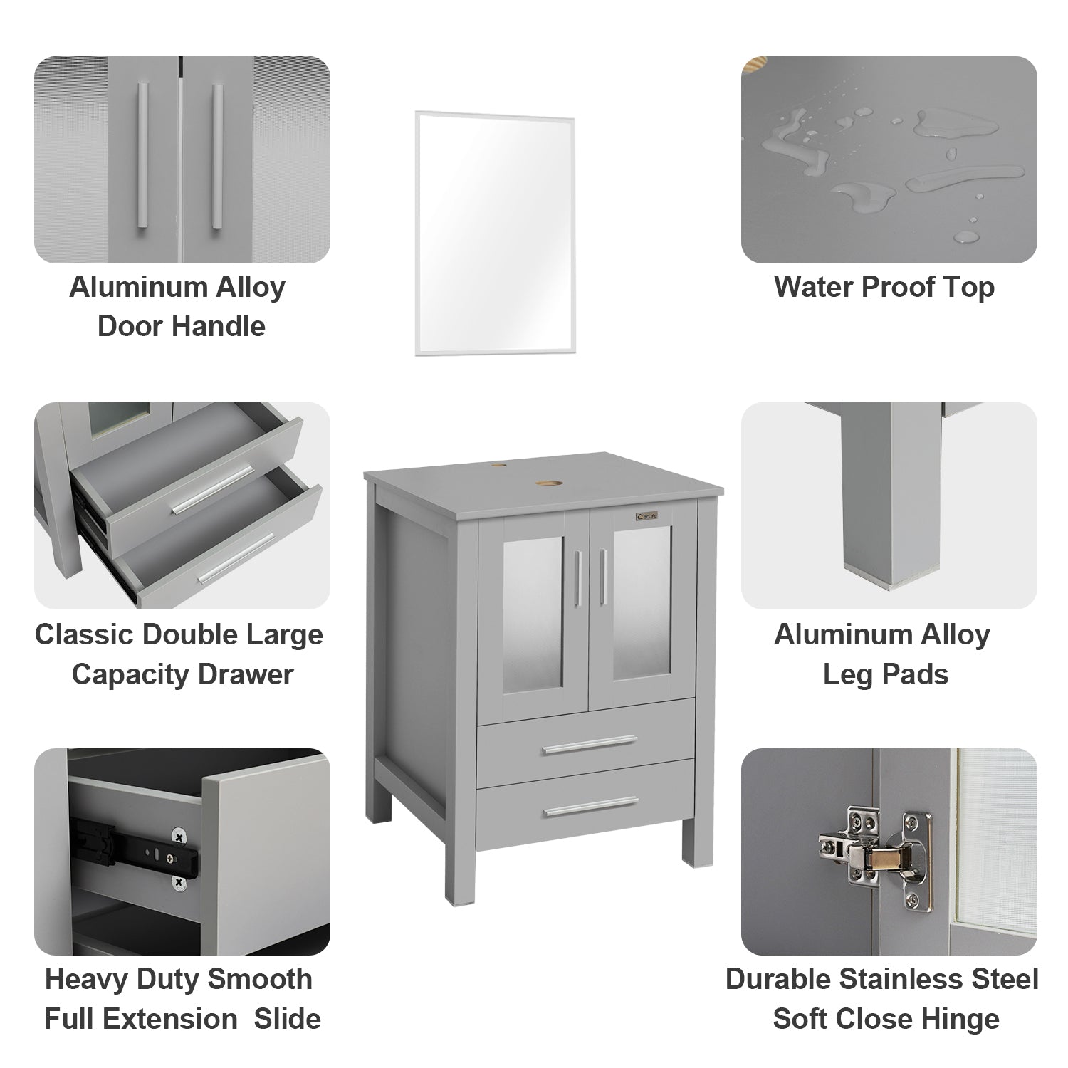 Eclife 36” Bathroom Vanity Sink Combo Grey W/Side Cabinet Vanity Round Blue Tempered Glass Vessel Sink and ORB Solid Brass Faucet and Pop Up Drain, W/Mirror