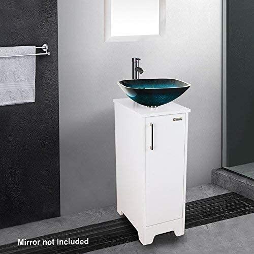 14" Bathroom Vanity and Sink Combo White Small Vanity Square Ceramic Vessel Sink & 1.5 GPM Water Save Faucet & Solid Brass Pop Up Drain