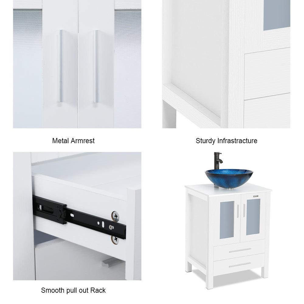 72” Bathroom Vanity Sink Combo W/White Small Side Cabinet Round Tempered Glass Vessel Sink & 1.5 GPM Water Save Faucet & Solid Brass Pop Up Drain, with Mirror