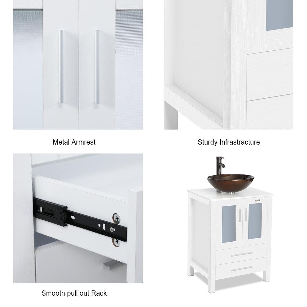 72” Bathroom Vanity Sink Combo W/White Small Side Cabinet Round Tempered Glass Vessel Sink & 1.5 GPM Water Save Faucet & Solid Brass Pop Up Drain, with Mirror