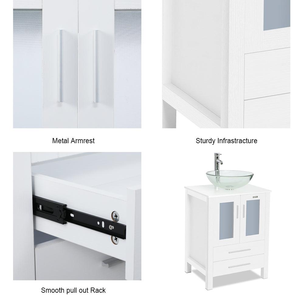 72” Bathroom Vanity Sink Combo W/White Small Side Cabinet Round Tempered Glass Vessel Sink & 1.5 GPM Water Save Faucet & Solid Brass Pop Up Drain, with Mirror