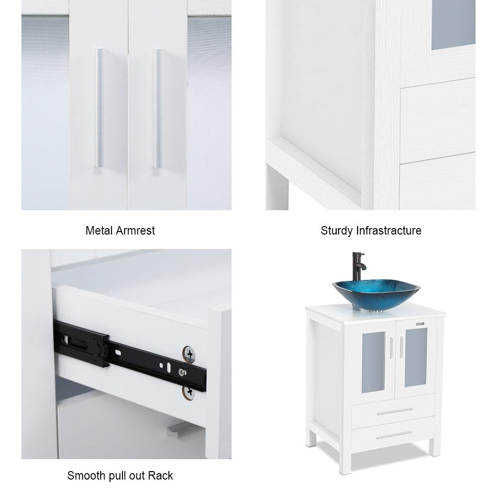 72” Bathroom Vanity Sink Combo W/White Small Side Cabinet Round Tempered Glass Vessel Sink & 1.5 GPM Water Save Faucet & Solid Brass Pop Up Drain, with Mirror