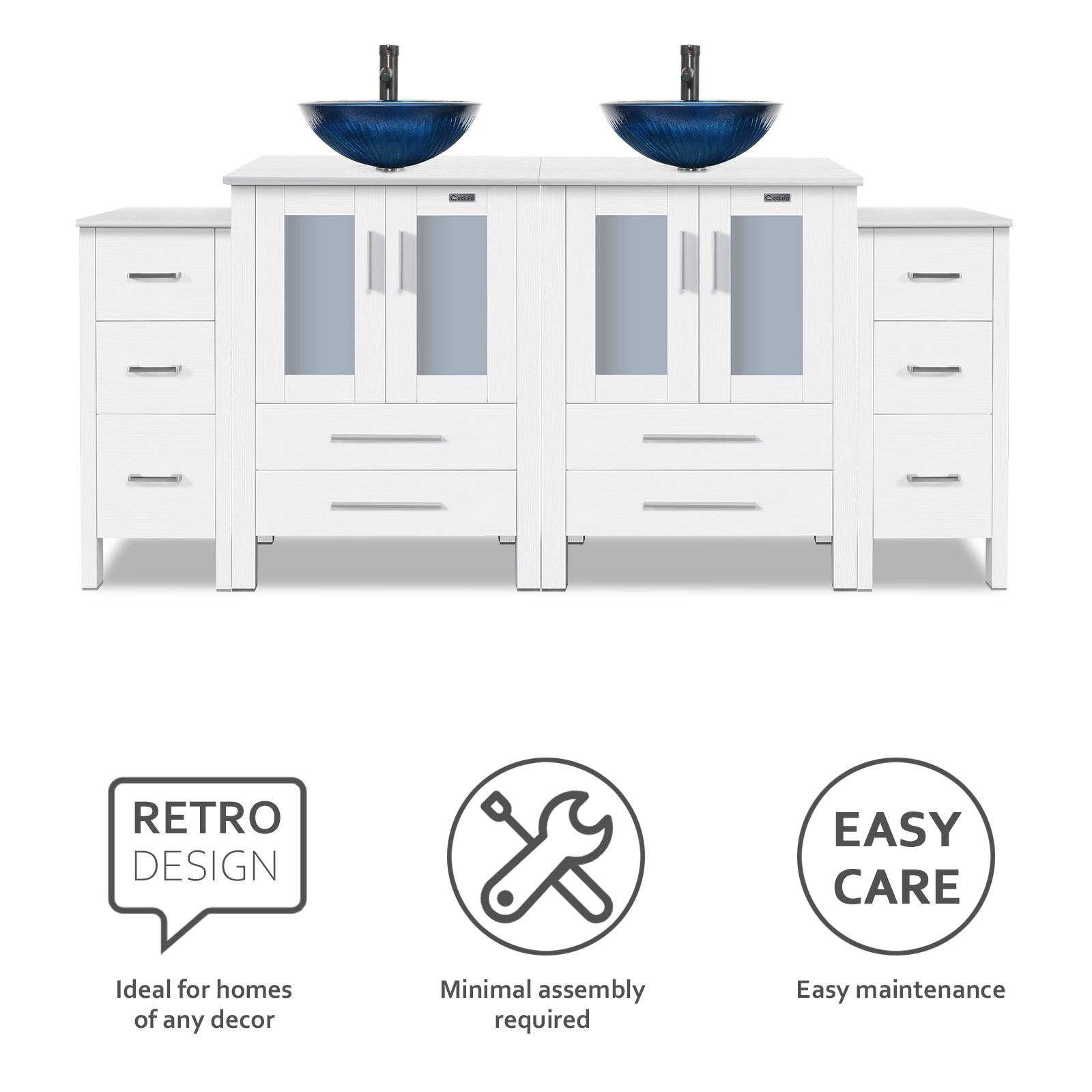 72” Bathroom Vanity Sink Combo W/White Small Side Cabinet Round Tempered Glass Vessel Sink & 1.5 GPM Water Save Faucet & Solid Brass Pop Up Drain, with Mirror