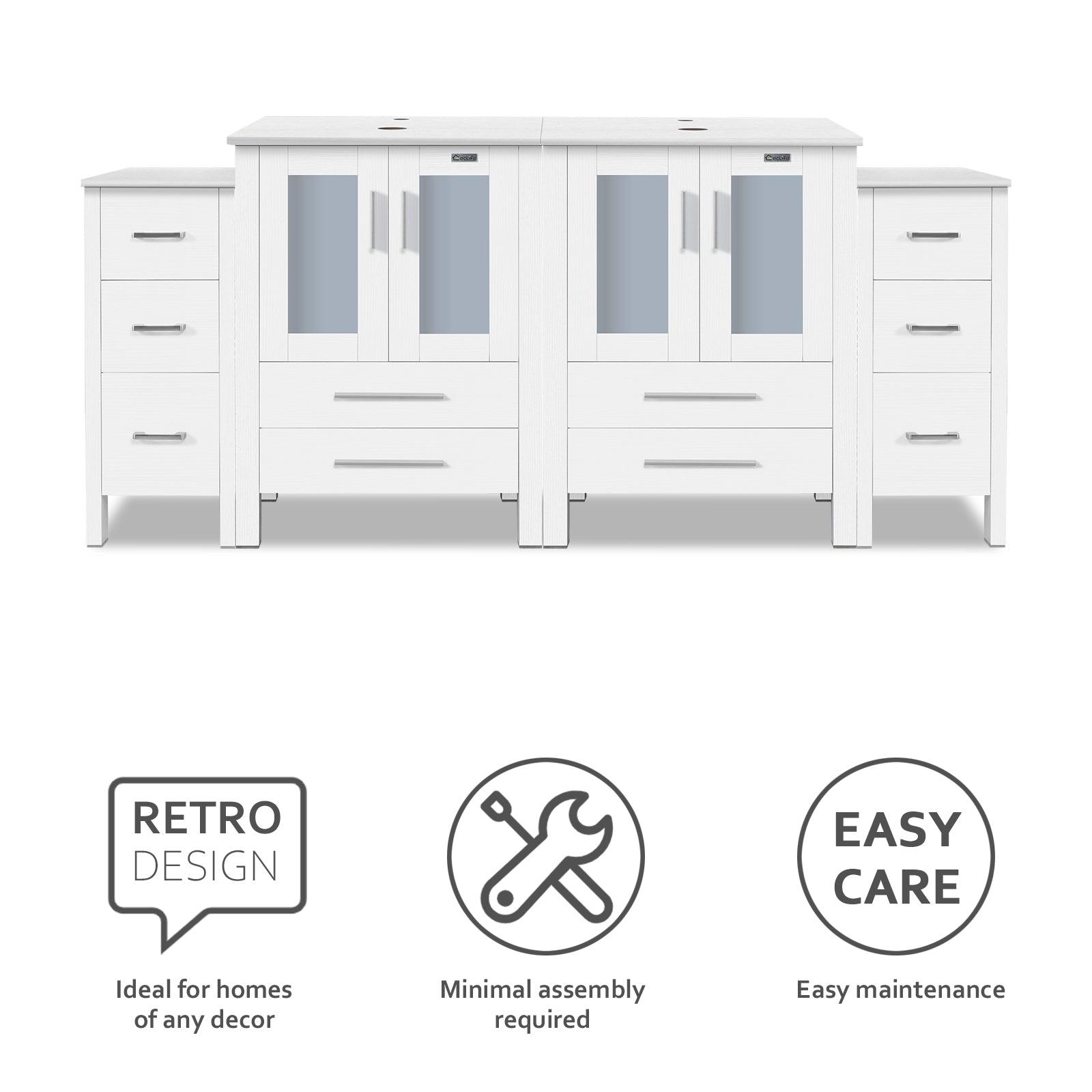 72” Bathroom Vanity Sink Combo W/White Small Side Cabinet Round Tempered Glass Vessel Sink & 1.5 GPM Water Save Faucet & Solid Brass Pop Up Drain, with Mirror