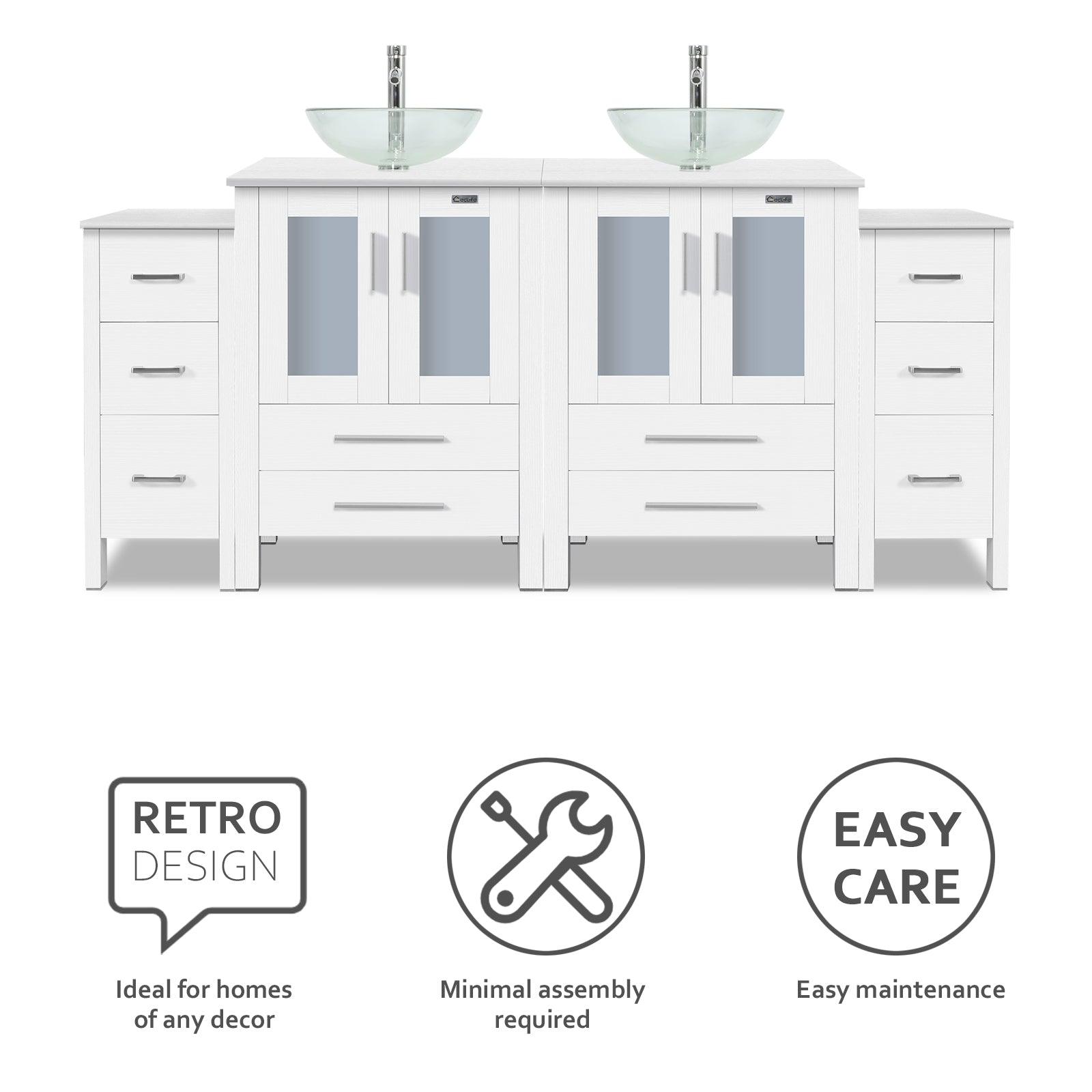 72” Bathroom Vanity Sink Combo W/White Small Side Cabinet Round Tempered Glass Vessel Sink & 1.5 GPM Water Save Faucet & Solid Brass Pop Up Drain, with Mirror