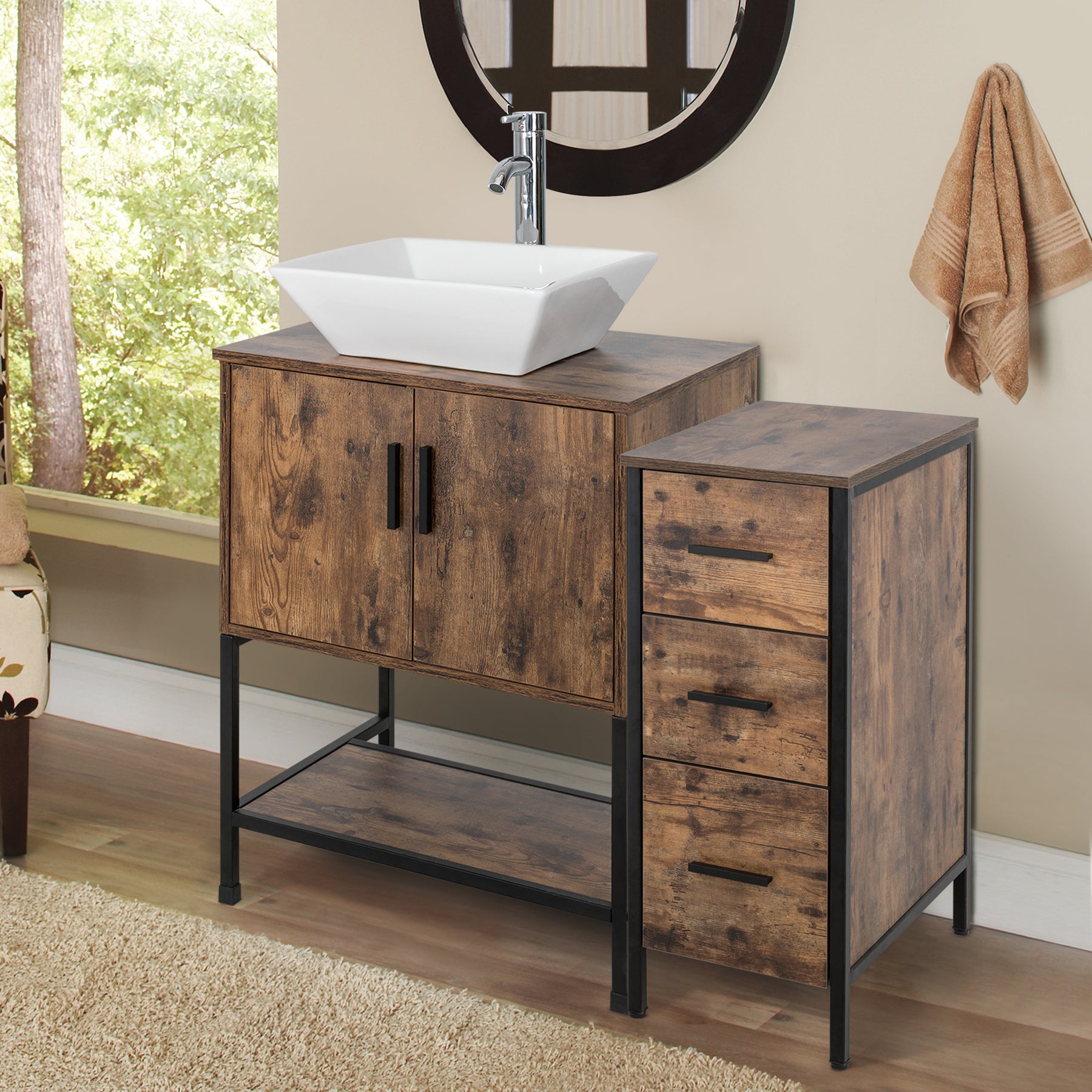 36" BATHROOM VANITY CABINET SINK COMBO W/FREE STANDING 3 DRAWERS SIDE CABINET
