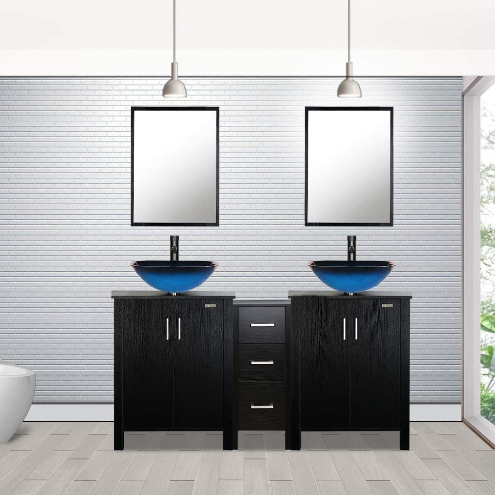Eclife 60” Black Modern Double Sinks Bathroom Vanity Combo W/Side Cabinet, W/Mirror