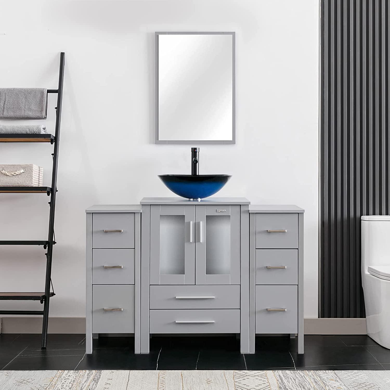 48" Bathroom Vanity Combo W/ Side Cabinet Modern Pedestal Ceramic Vessel Sink, Chrome Bathroom Solid Brass Faucet & Pop Up Drain, W/Mirror