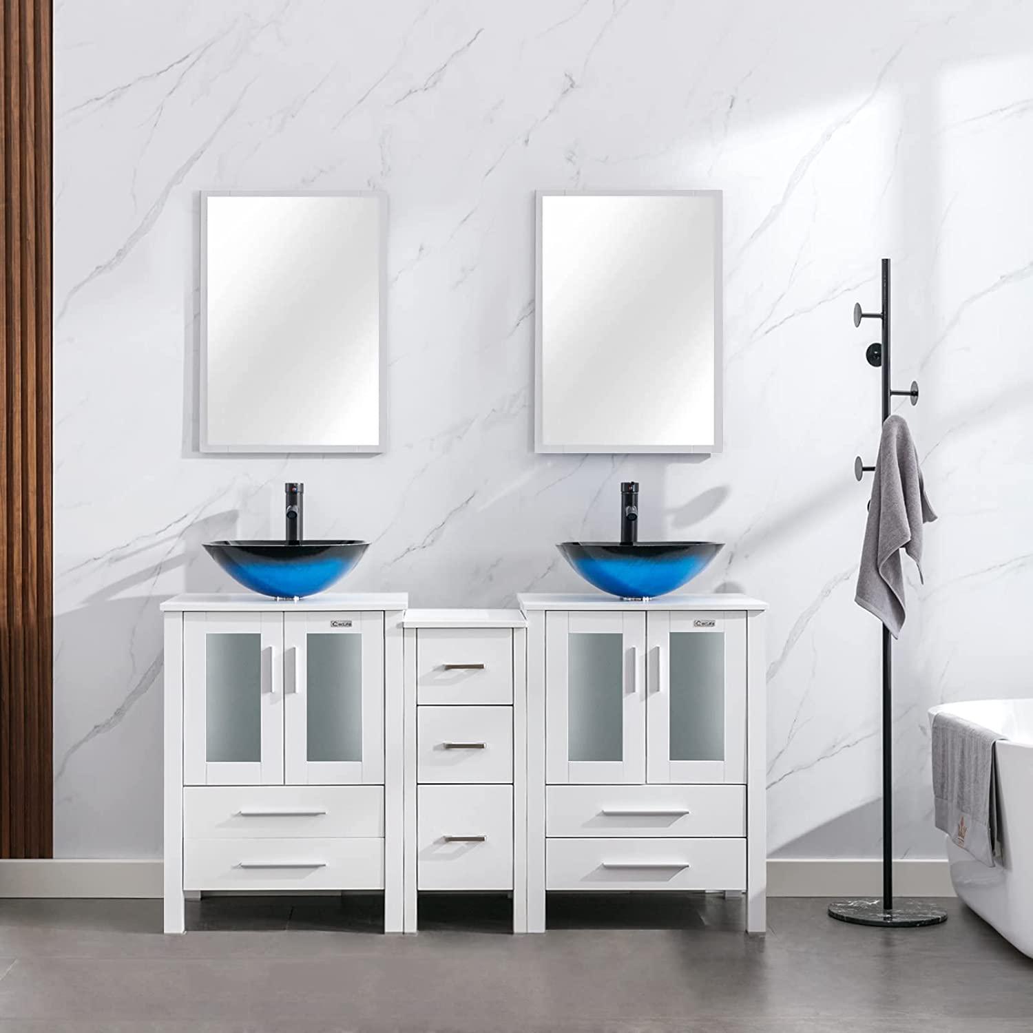 Eclife 60" Double Sinks Morden White Bathroom Vanity with Pedestal Side Cabinet And Mirror Combo