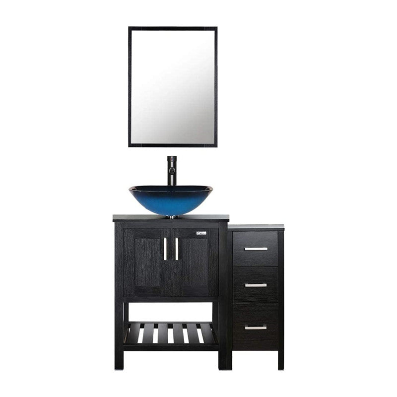 36” Bathroom Vanity Sink Combo Black W/Side Cabinet with Round White Ceramic Vessel Sink, Chrome Bathroom Solid Brass Faucet and Pop Up Drain Combo, W/Mirror