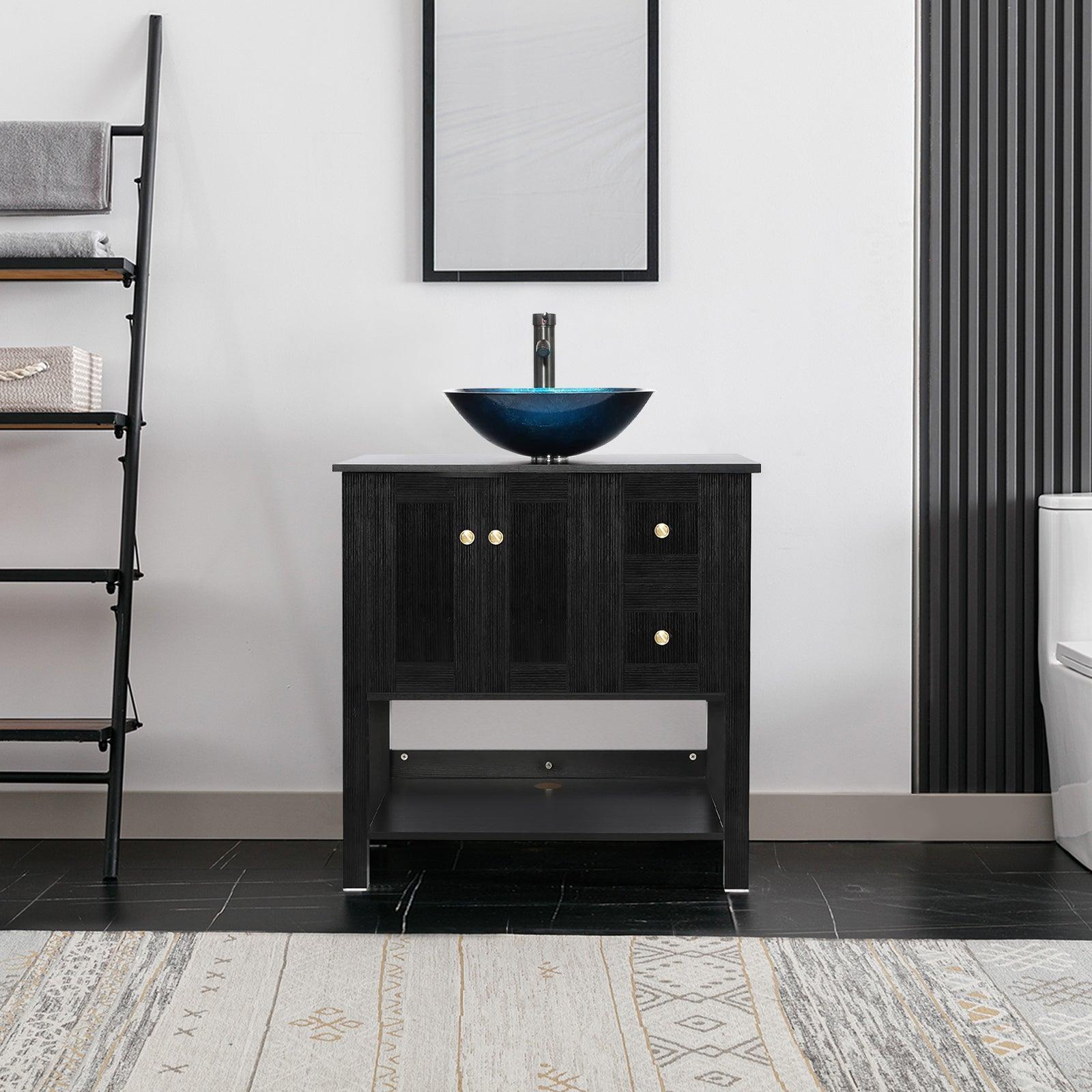 32” Bathroom Vanity Sink Combo Black Cabinet Vanity Brown Round Tempered Glass Vessel Sink & 1.5 GPM Water Save W/ORB Faucet & Solid Brass Pop Up Drain