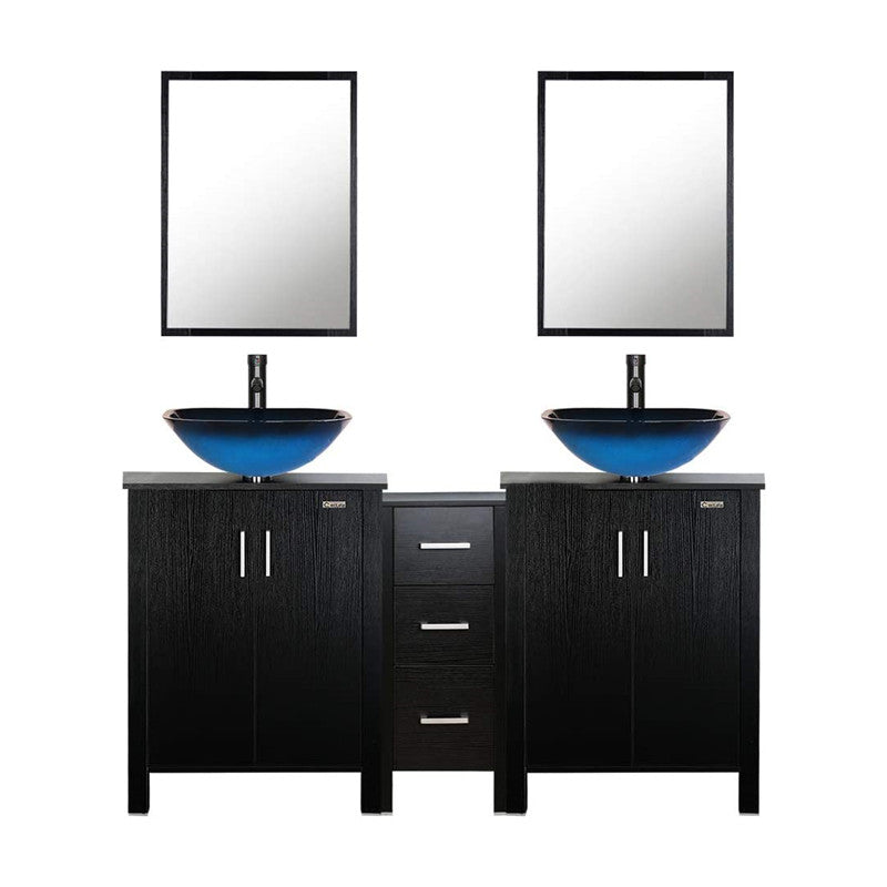 Eclife 60” Black Modern Double Sinks Bathroom Vanity Combo W/Side Cabinet, W/Mirror