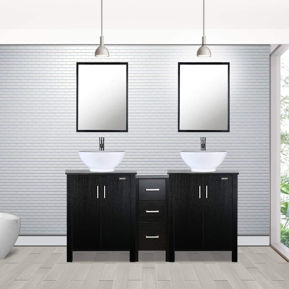 Eclife 60” Black Modern Double Sinks Bathroom Vanity Combo W/Side Cabinet, W/Mirror