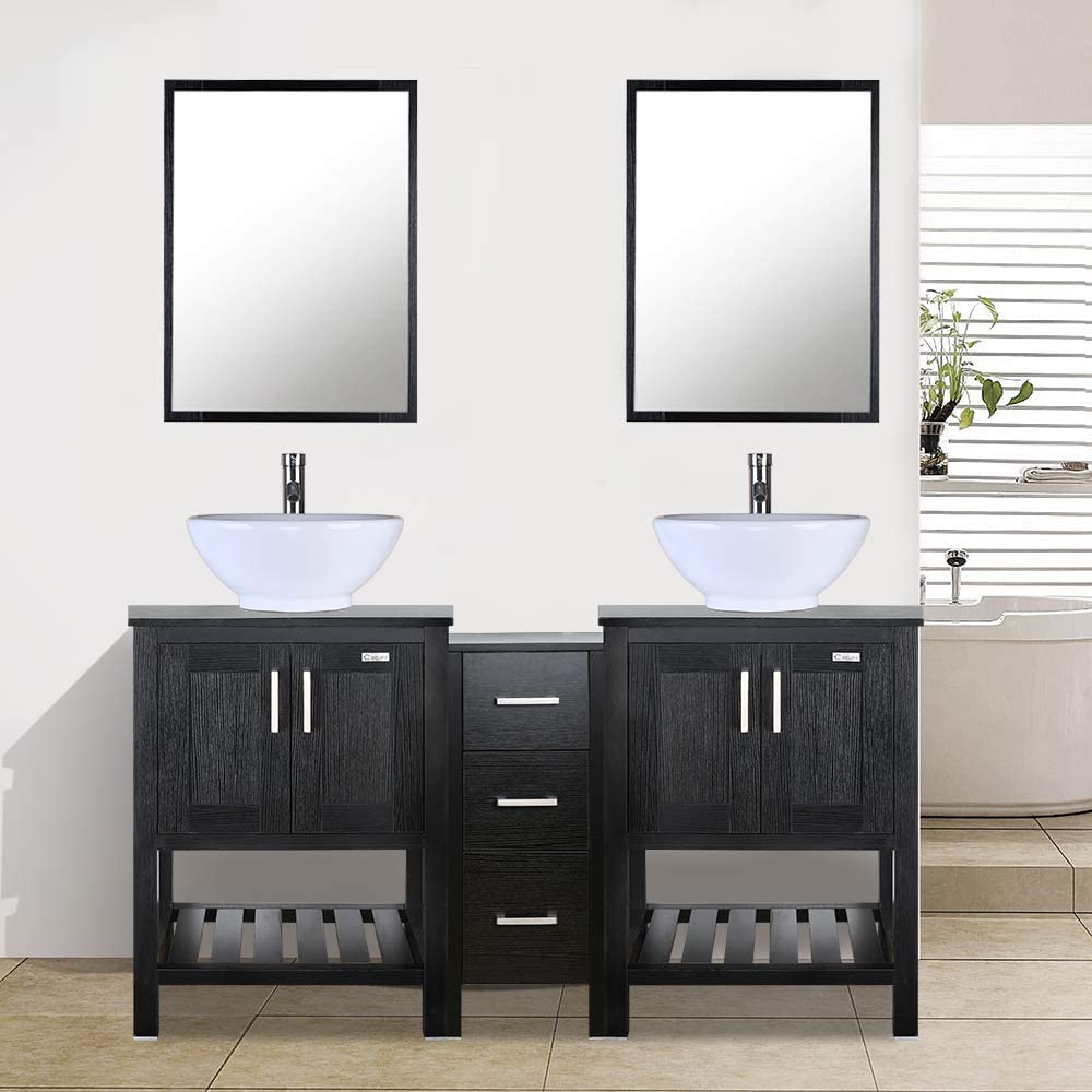 Eclife 60” Black Modern Stand Pedestal Bathroom Vanity Combo, W/Mirror