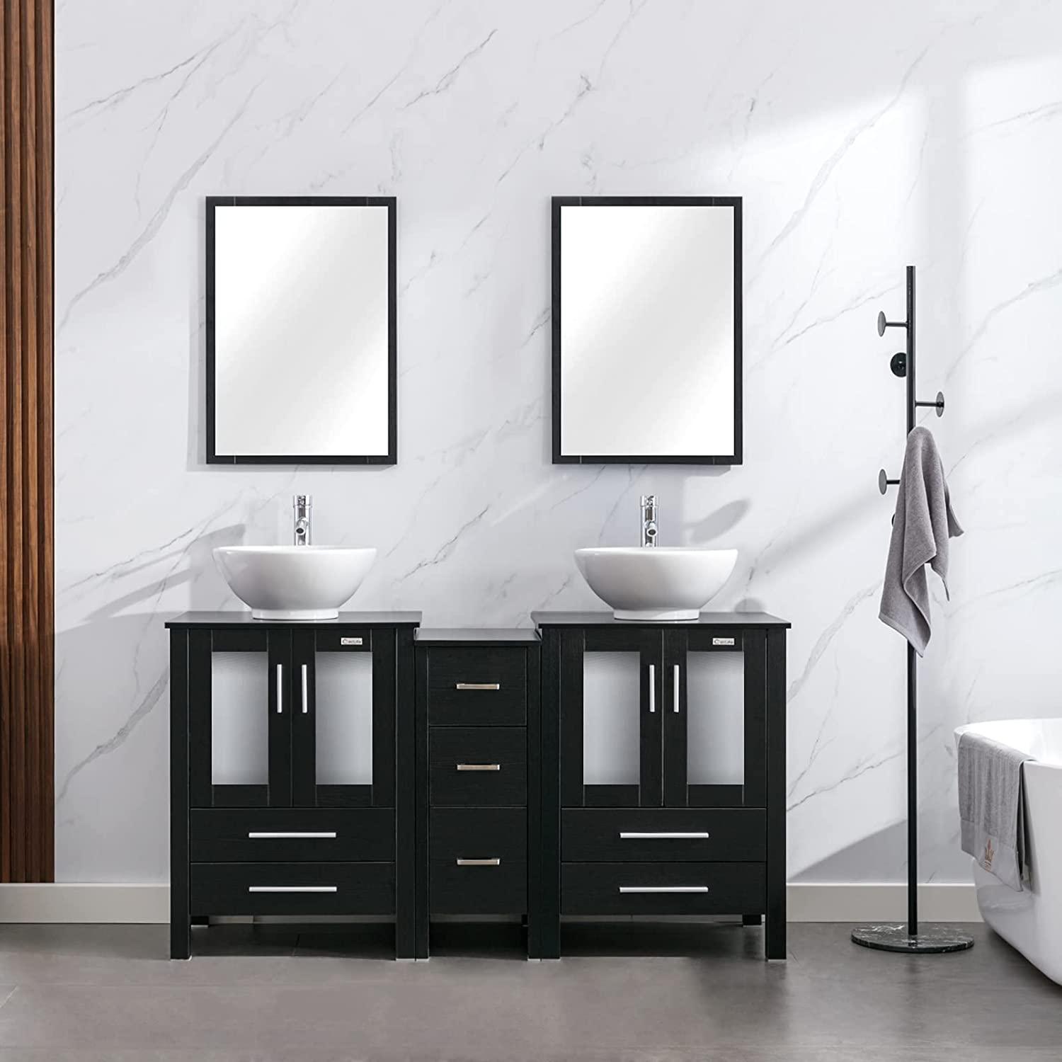 Eclife 60" Black Modern Pedestal Bathroom Vanity with Side Cabinet