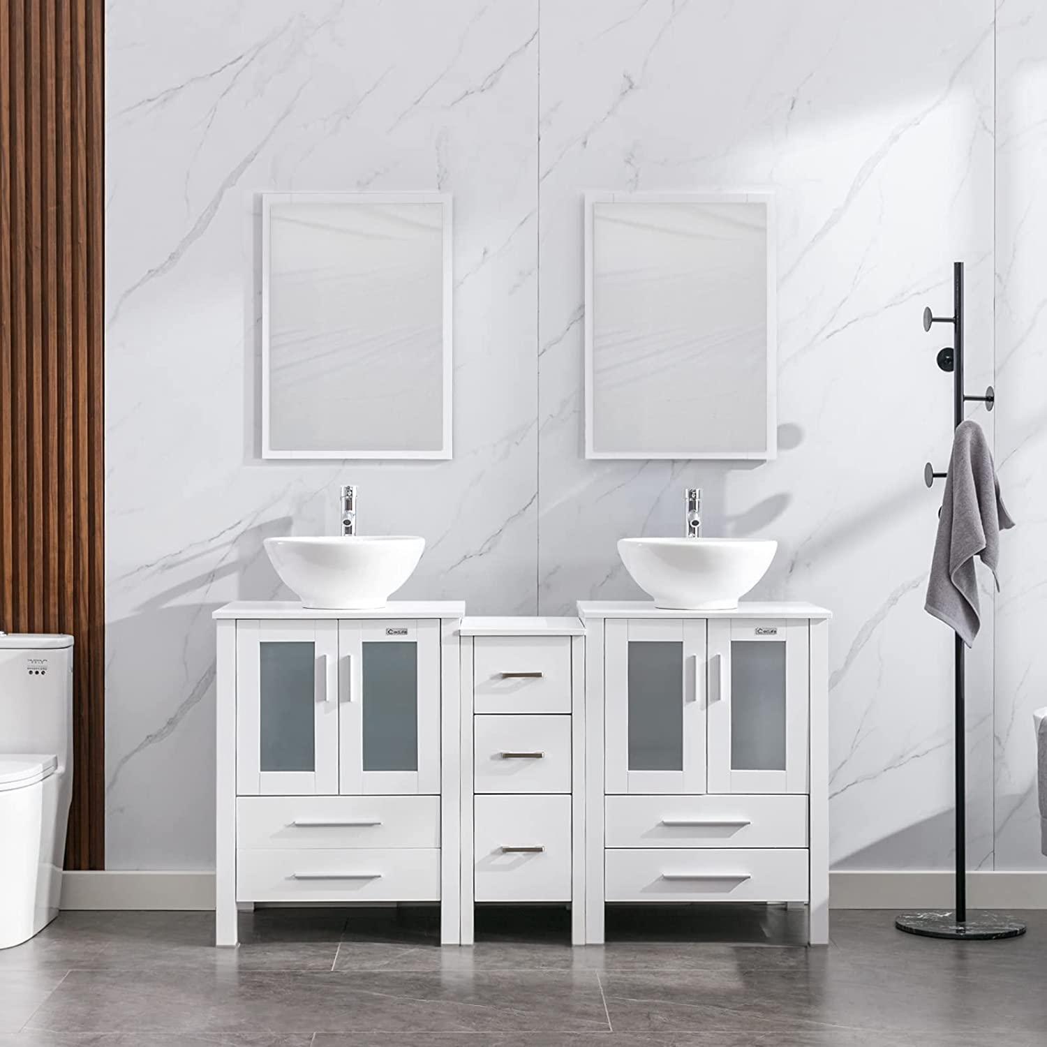 Eclife 60" Double Sinks Morden White Bathroom Vanity with Pedestal Side Cabinet And Mirror Combo