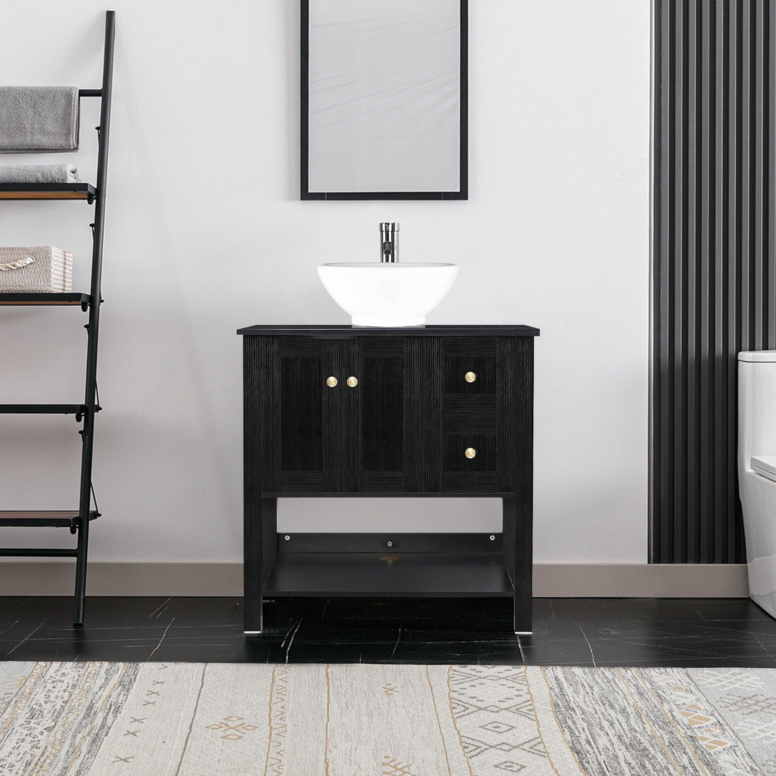 32” Bathroom Vanity Sink Combo Black Cabinet Vanity Brown Round Tempered Glass Vessel Sink & 1.5 GPM Water Save W/ORB Faucet & Solid Brass Pop Up Drain