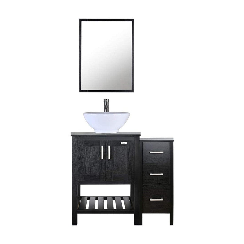 36” Bathroom Vanity Sink Combo Black W/Side Cabinet with Round White Ceramic Vessel Sink, Chrome Bathroom Solid Brass Faucet and Pop Up Drain Combo, W/Mirror