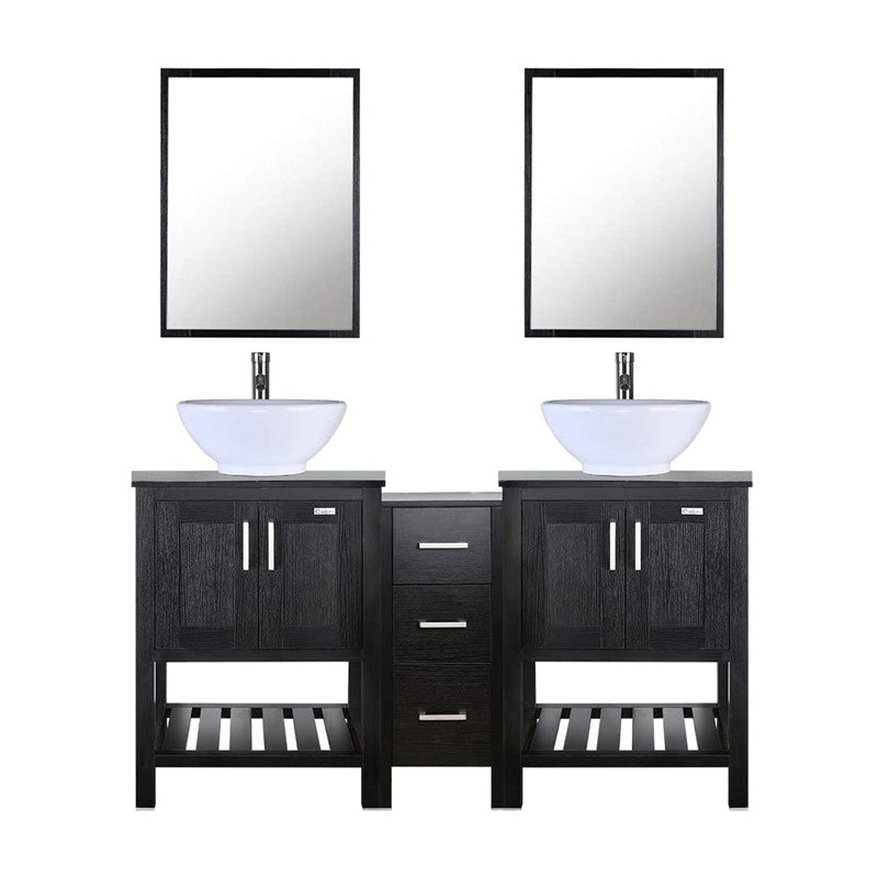 Eclife 60” Black Modern Stand Pedestal Bathroom Vanity Combo, W/Mirror