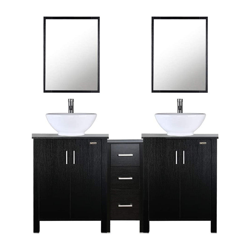 Eclife 60” Black Modern Double Sinks Bathroom Vanity Combo W/Side Cabinet, W/Mirror