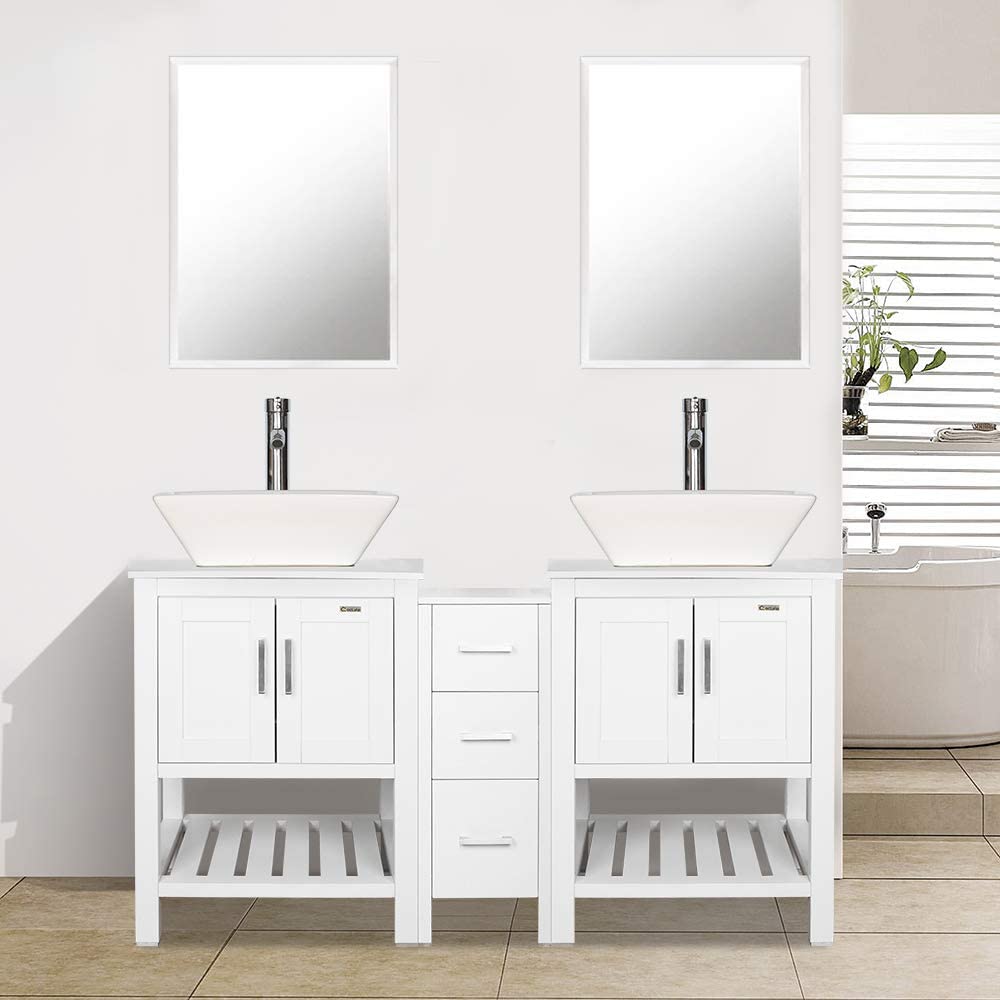 Eclife 60” White Modern Stand Bathroom Vanity Combo W/Side Cabinet, W/Mirror