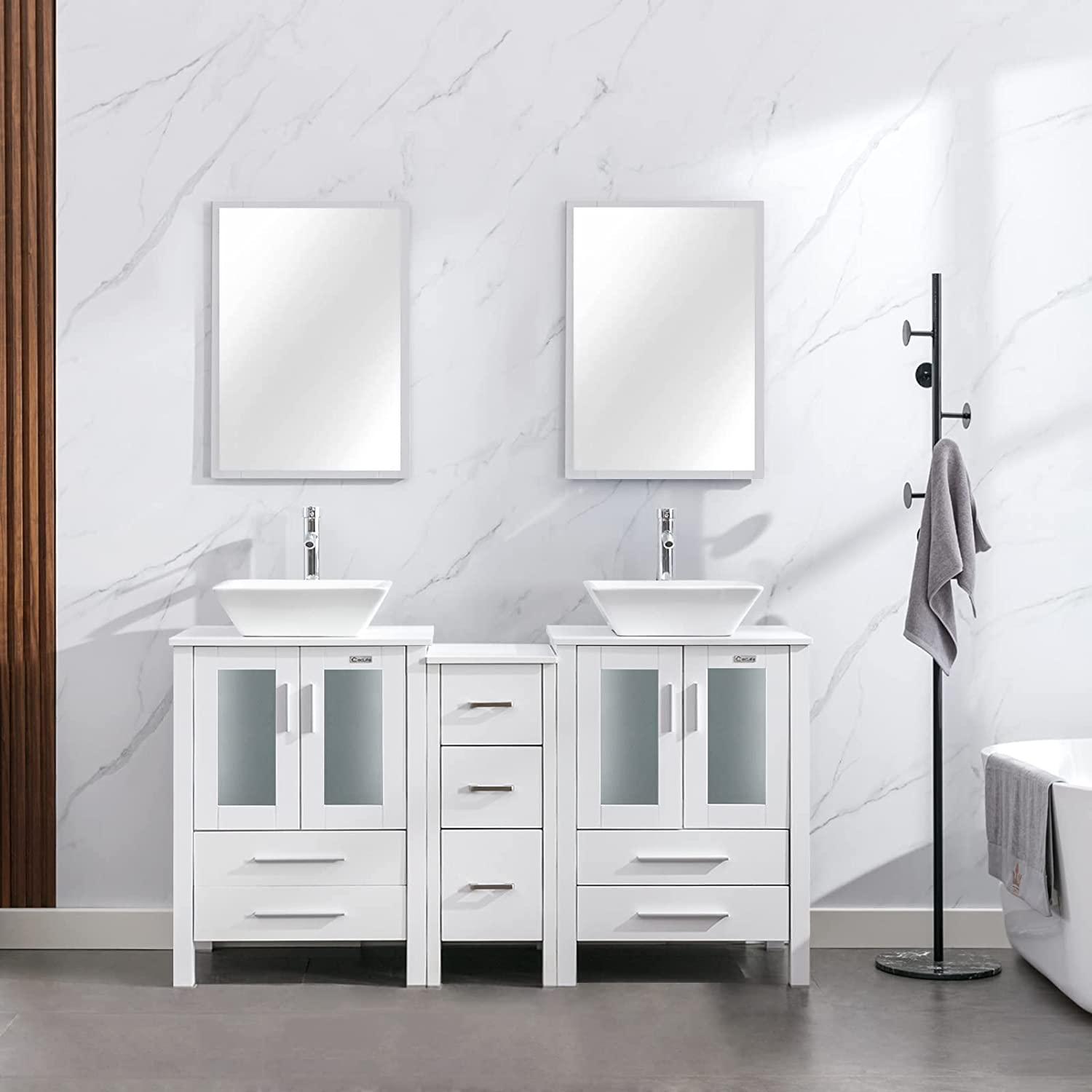 Eclife 60" Double Sinks Morden White Bathroom Vanity with Pedestal Side Cabinet And Mirror Combo