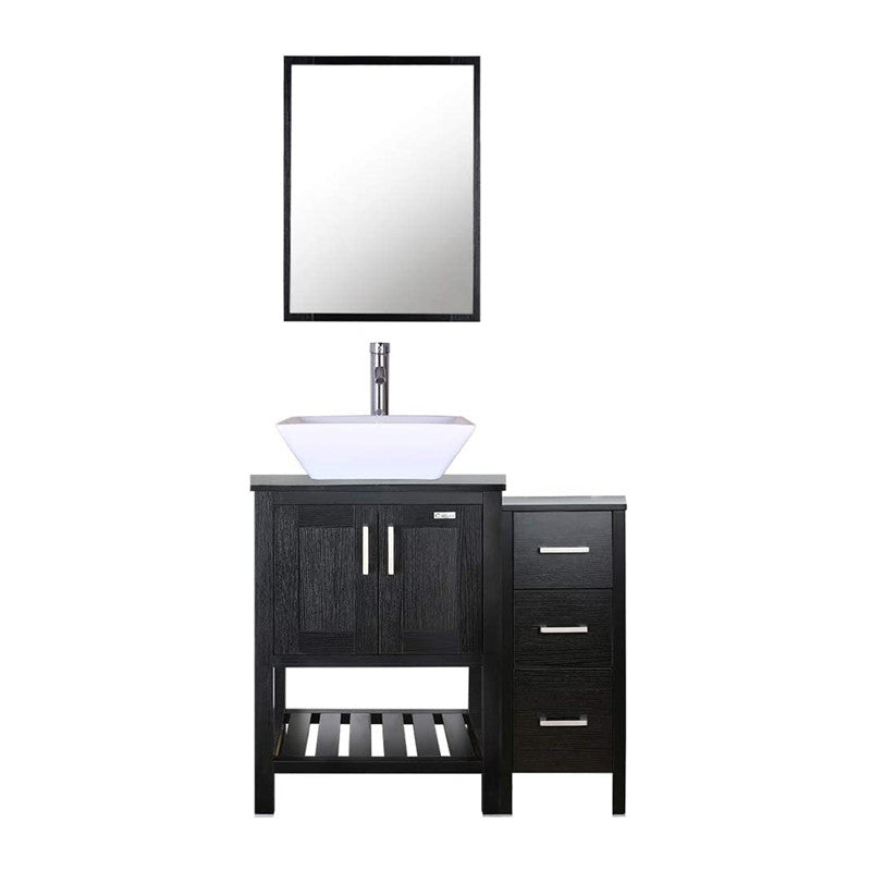 36” Bathroom Vanity Sink Combo Black W/Side Cabinet with Round White Ceramic Vessel Sink, Chrome Bathroom Solid Brass Faucet and Pop Up Drain Combo, W/Mirror