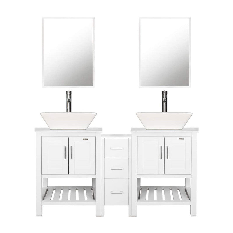 Eclife 60” White Modern Stand Bathroom Vanity Combo W/Side Cabinet, W/Mirror