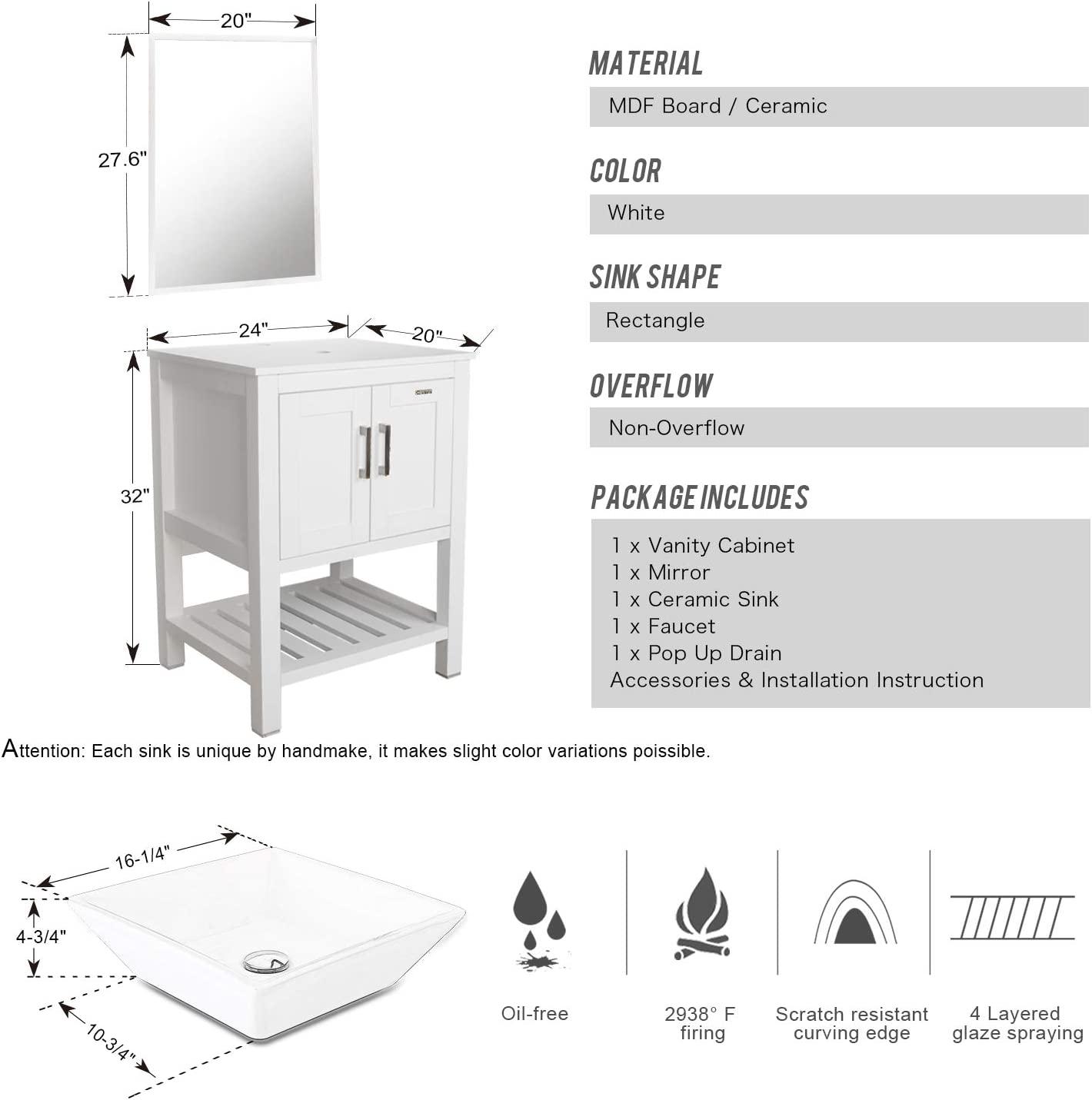 24” Bathroom Vanity Sink Combo White Cabinet Square Ceramic Vessel Sink
