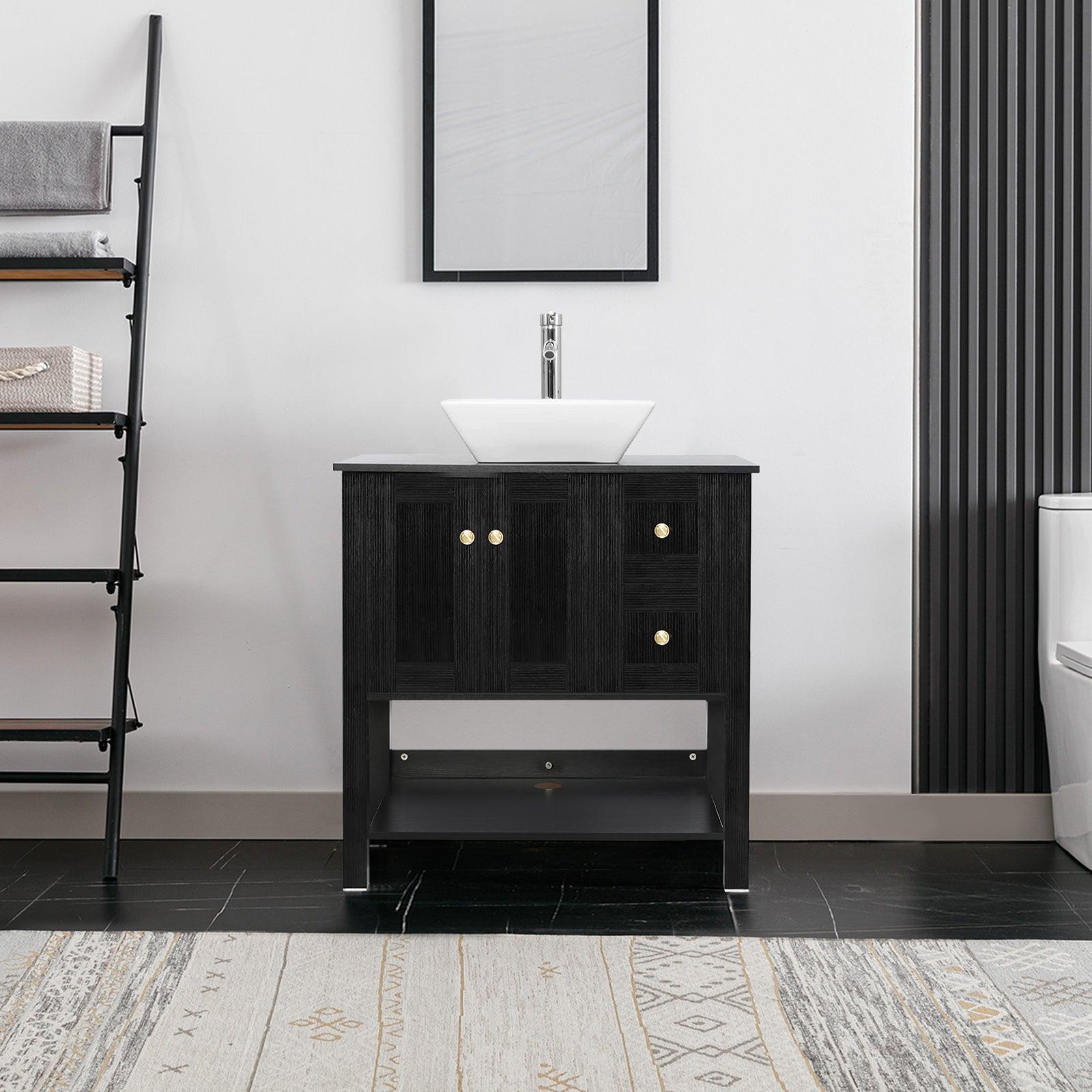 32” Bathroom Vanity Sink Combo Black Cabinet Vanity Brown Round Tempered Glass Vessel Sink & 1.5 GPM Water Save W/ORB Faucet & Solid Brass Pop Up Drain